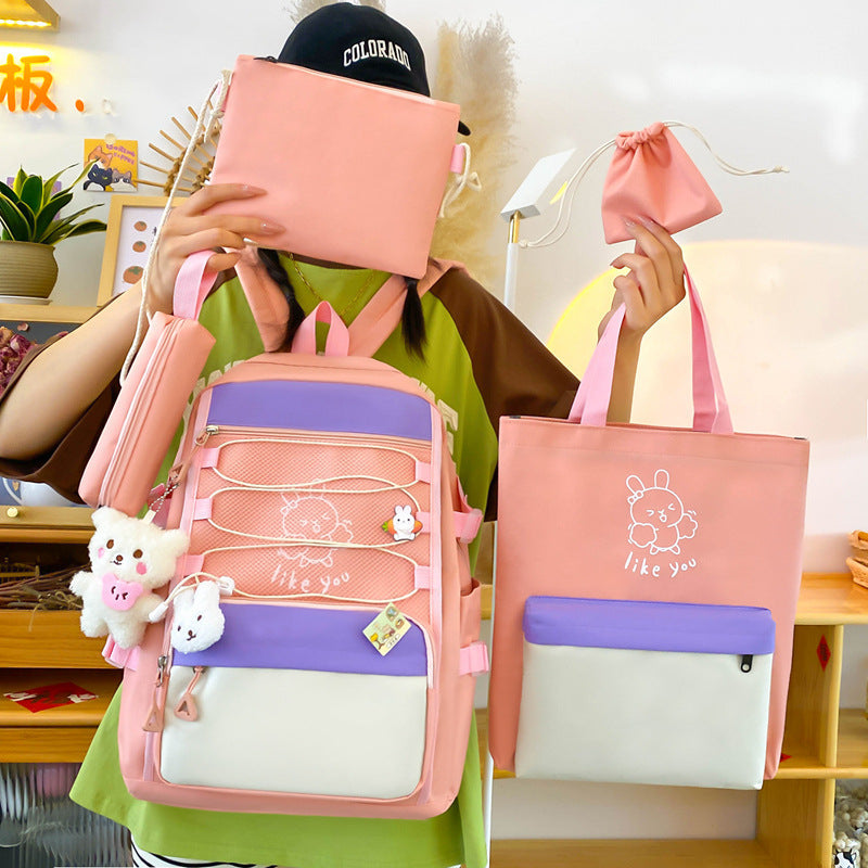 Sac à Dos Multifonctionnel Kawaii Grand Volume Imperméable et Résistant 5Pcs Rose SACKDS33RS - حقيبة ظهر بعدة قطع بتصميم كاوايي
