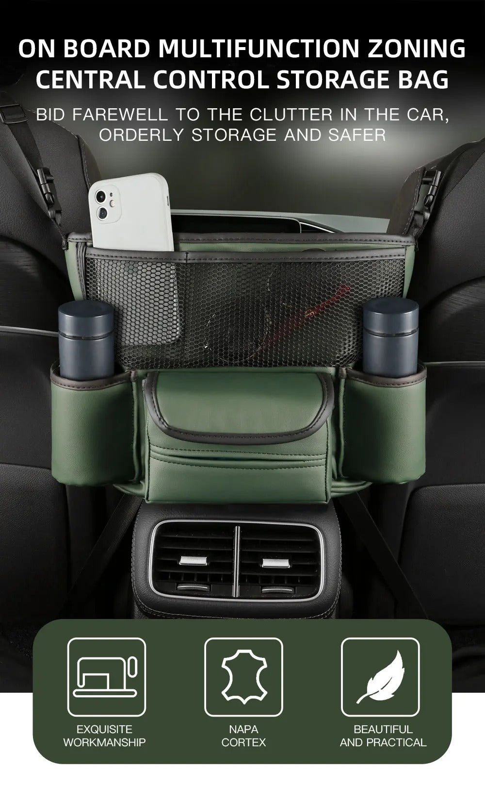 Sac de rangement en cuir pour siège de voiture, cintre central, sac à main automatique, support entre les sièges, poches pour gobelets à eau en tissu,