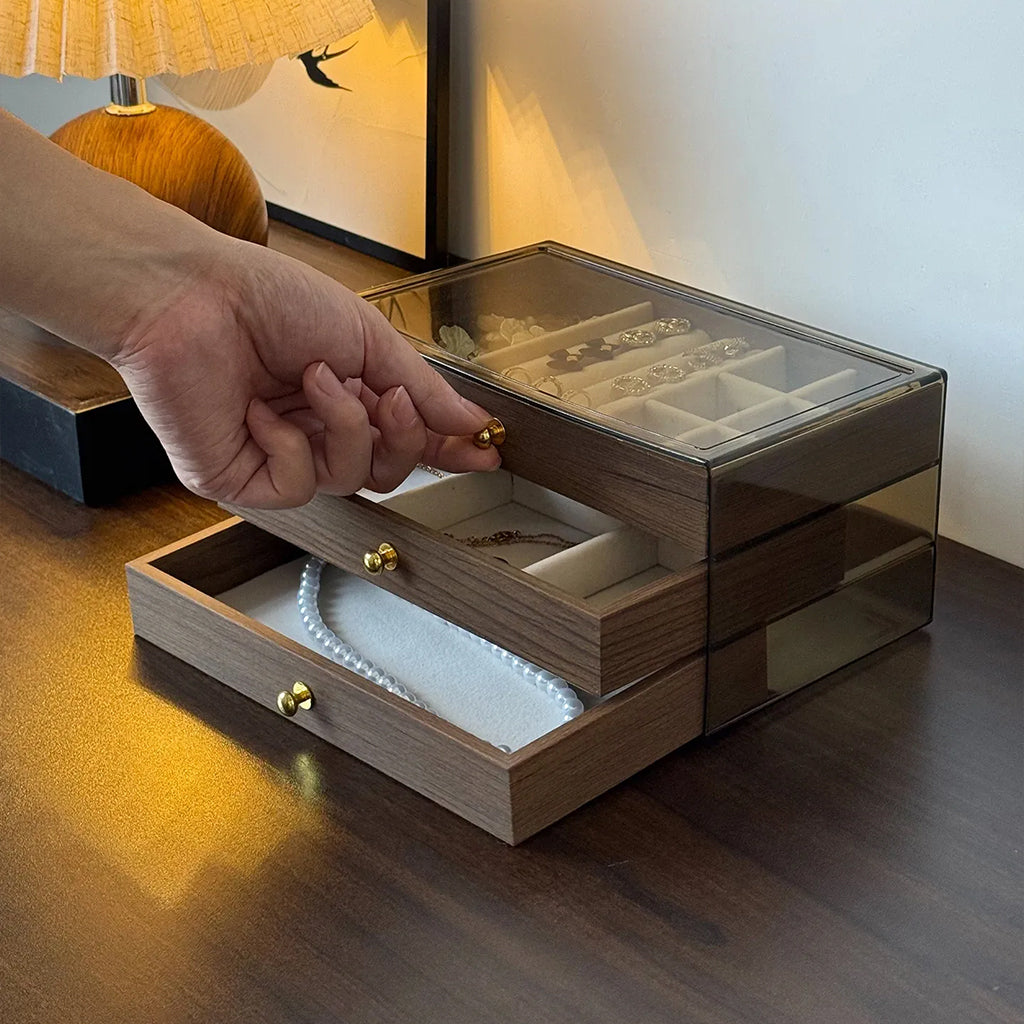 Coffret à bijoux en bois à 3 niveaux très élégant couleur noyer – علبة تنظيم المجوهرات
