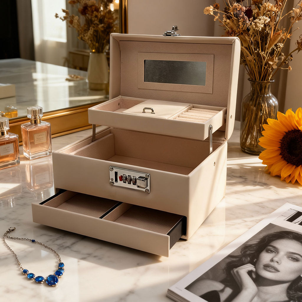 Boîte à Bijoux Multi-Compartiments avec Miroir et Serrure – علبة حفظ المجوهرات مع قفل أمان