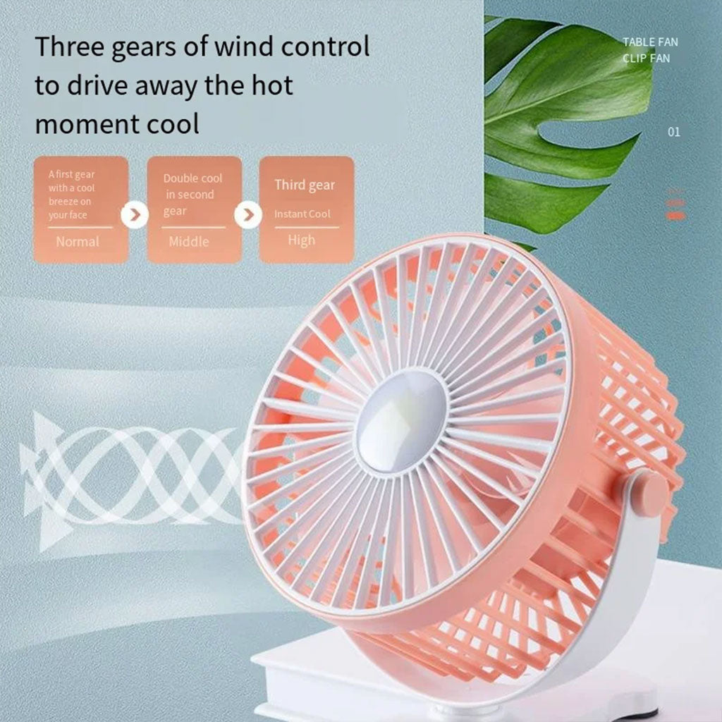 Ventilateur de bureau portable à pince réglable à 360°, rechargeable via USB