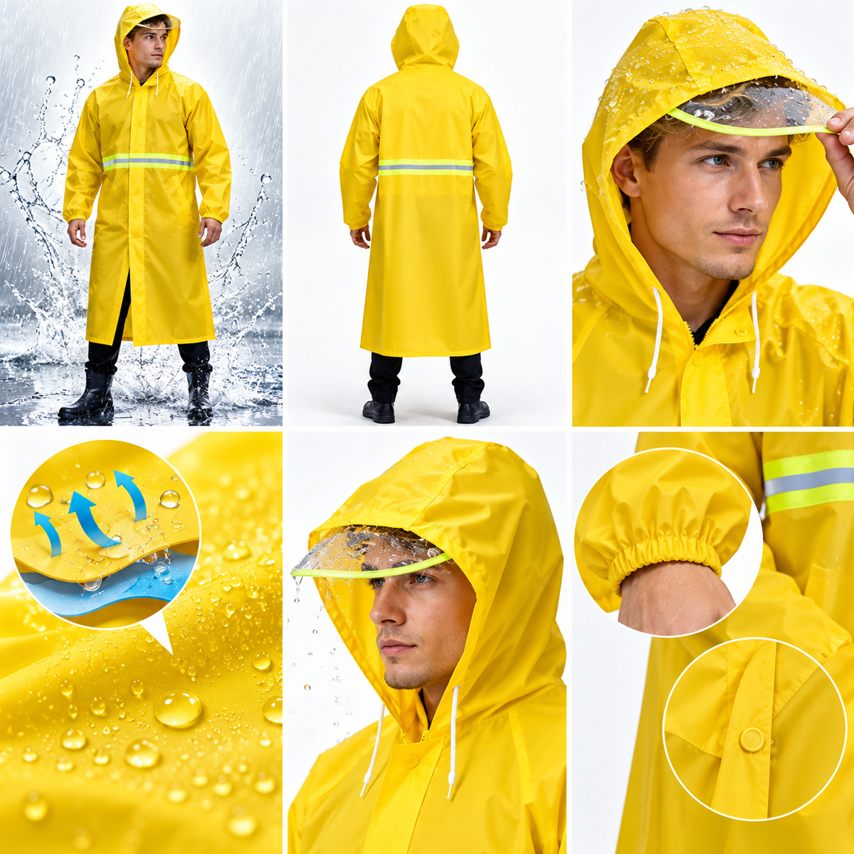 Imperméable Long Jaune avec Capuche Transparente et Bandes Réfléchissantes - معطف مطر طويل بقبعة شفافة وعواكس ضوئية