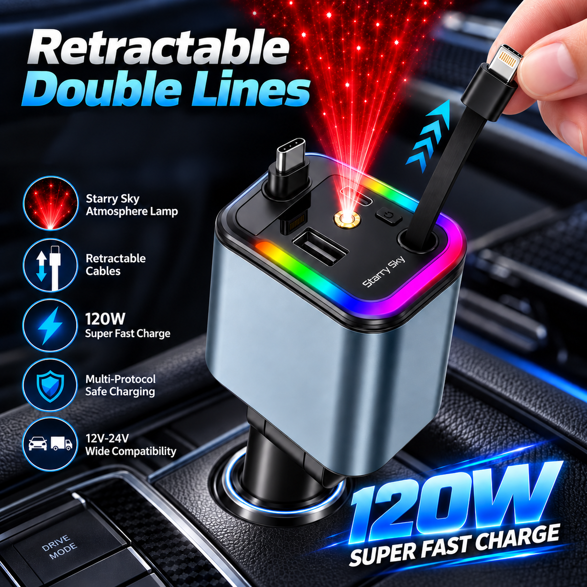 Chargeur de Voiture 120W Max 4 en 1 avec Câbles Rétractables et Ports USB/Type-C
