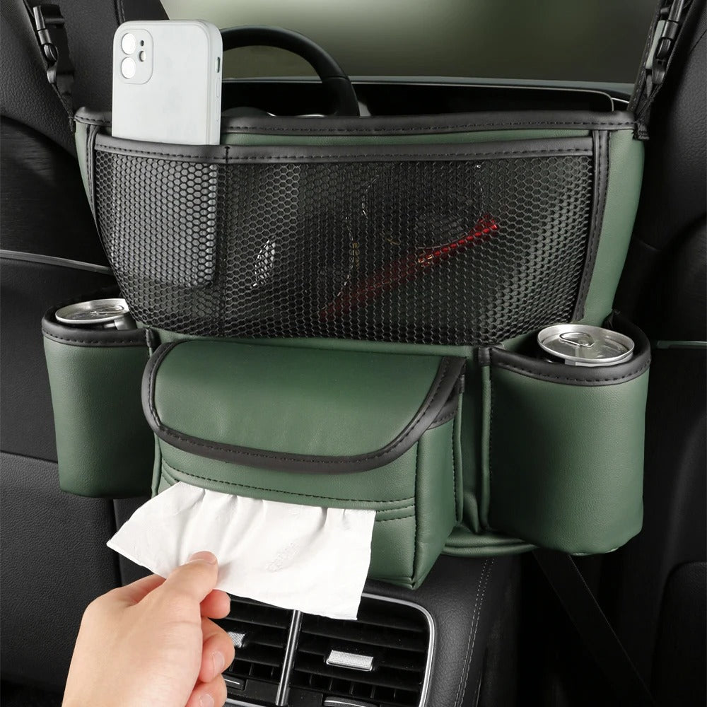 Sac de rangement en cuir pour siège de voiture, cintre central, sac à main automatique, support entre les sièges, poches pour gobelets à eau en tissu,