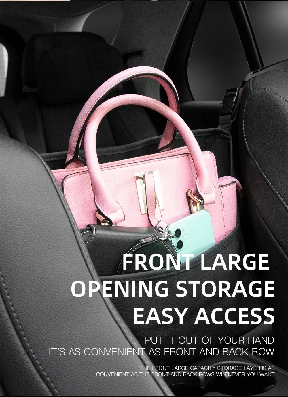 Sac de rangement en cuir pour siège de voiture, cintre central, sac à main automatique, support entre les sièges, poches pour gobelets à eau en tissu,