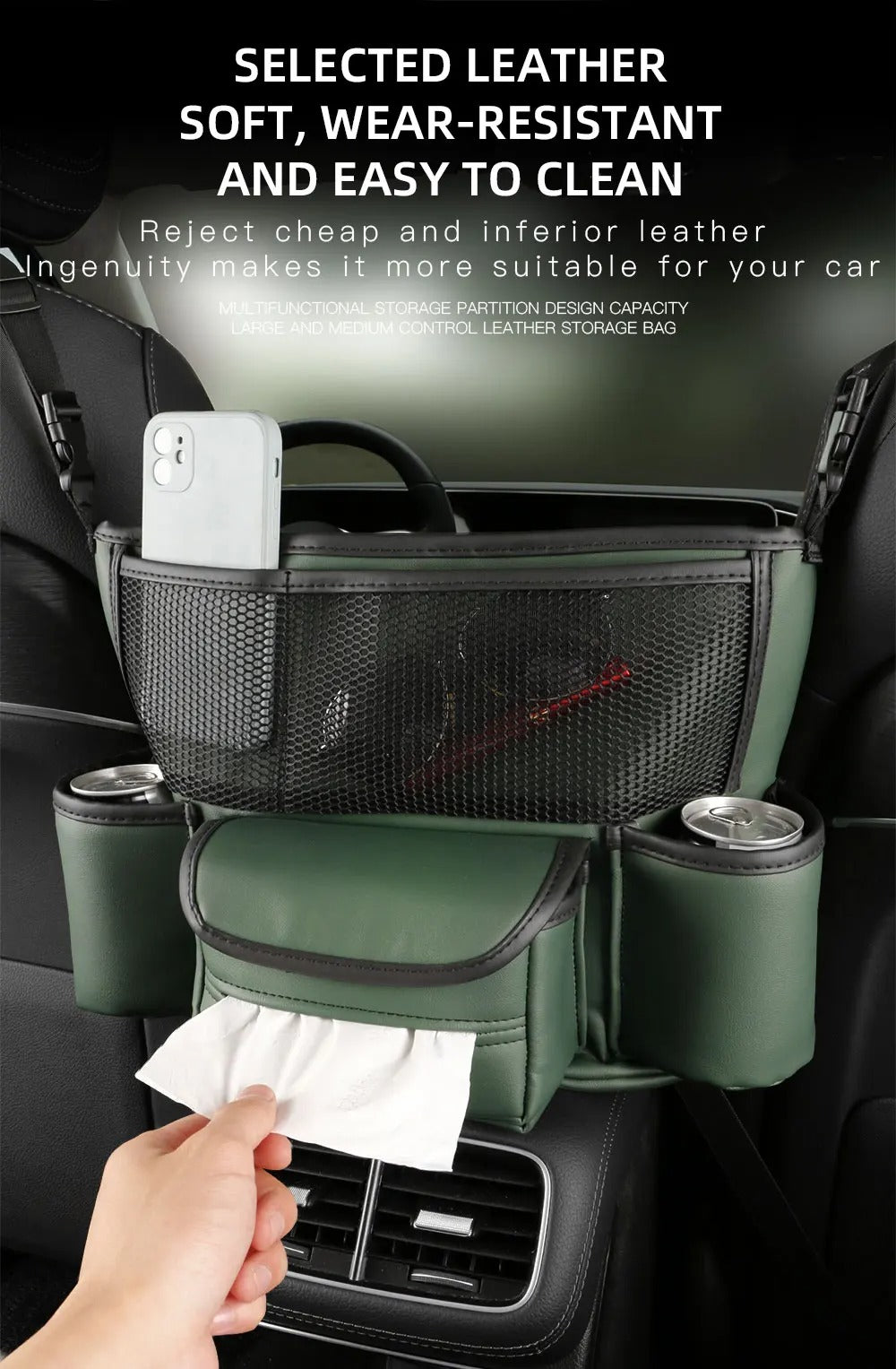 Sac de rangement en cuir pour siège de voiture, cintre central, sac à main automatique, support entre les sièges, poches pour gobelets à eau en tissu,