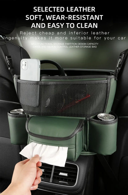 Sac de rangement en cuir pour siège de voiture, cintre central, sac à main automatique, support entre les sièges, poches pour gobelets à eau en tissu,