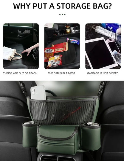 Sac de rangement en cuir pour siège de voiture, cintre central, sac à main automatique, support entre les sièges, poches pour gobelets à eau en tissu,