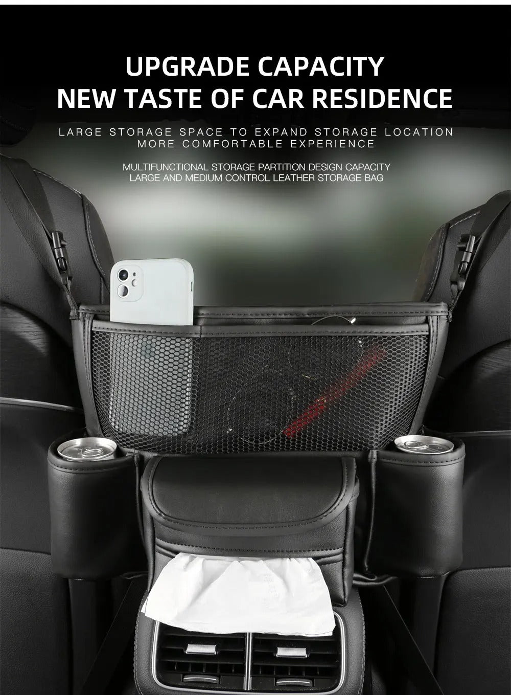Sac de rangement en cuir pour siège de voiture, cintre central, sac à main automatique, support entre les sièges, poches pour gobelets à eau en tissu,