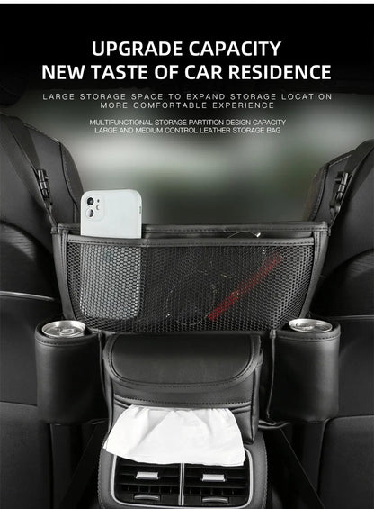 Sac de rangement en cuir pour siège de voiture, cintre central, sac à main automatique, support entre les sièges, poches pour gobelets à eau en tissu,