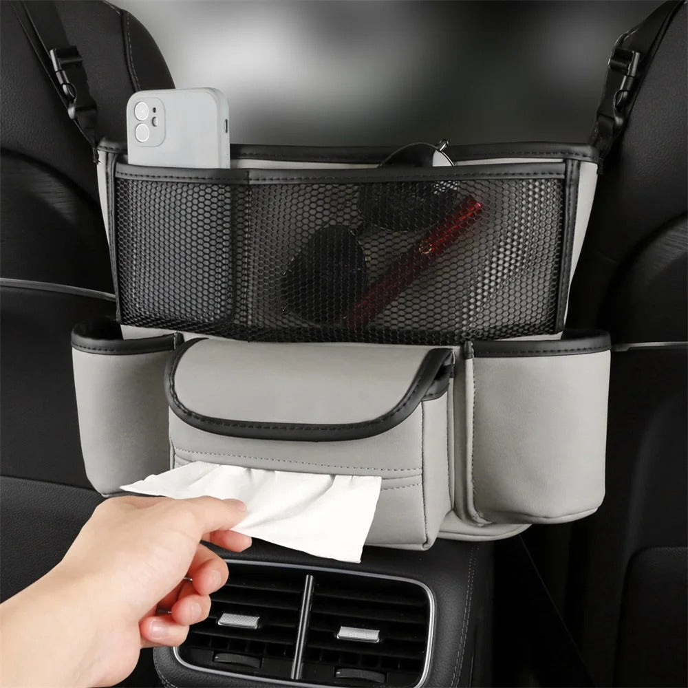 Sac de rangement en cuir pour siège de voiture, cintre central, sac à main automatique, support entre les sièges, poches pour gobelets à eau en tissu,