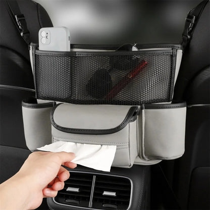 Sac de rangement en cuir pour siège de voiture, cintre central, sac à main automatique, support entre les sièges, poches pour gobelets à eau en tissu,