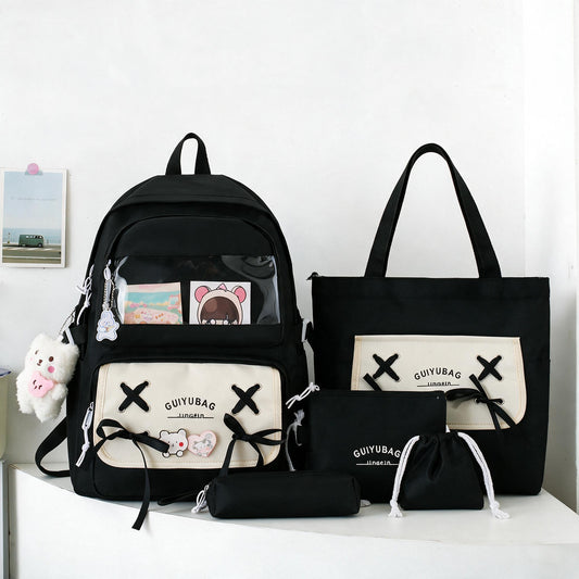 Sac à Dos Multifonctionnel Kawaii Grand Volume Imperméable et Résistant 5Pcs Noir SACKDS11N - حقيبة ظهر بعدة قطع بتصميم كاوايي