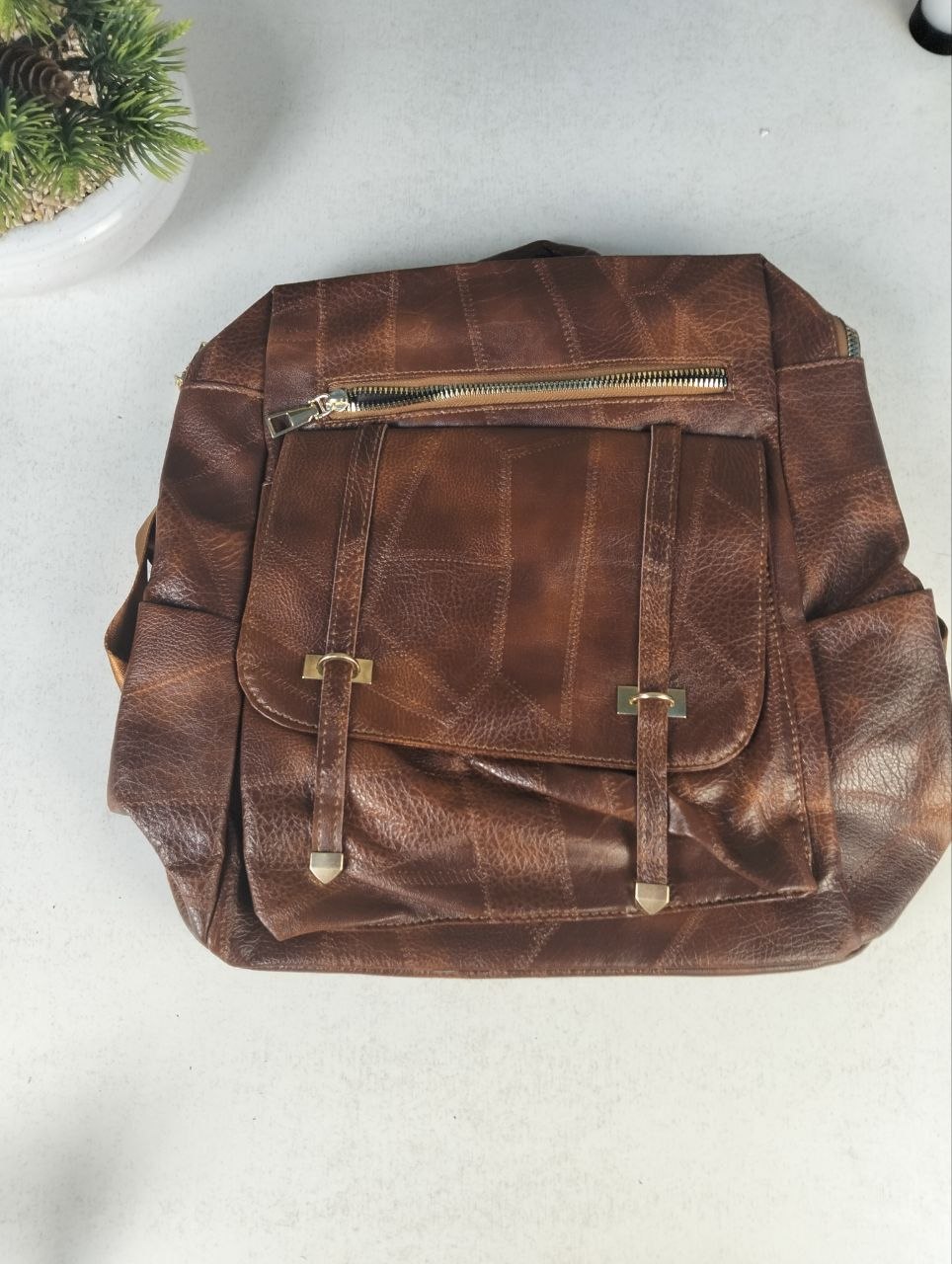 Sac à dos rétro en cuir synthétique pour femme marron - حقيبة ظهر نسائية من الجلد