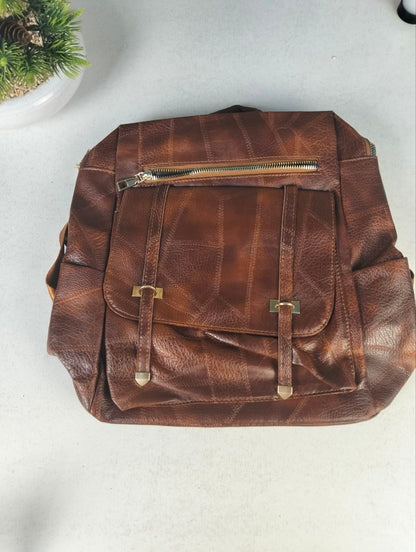 Sac à dos rétro en cuir synthétique pour femme marron - حقيبة ظهر نسائية من الجلد