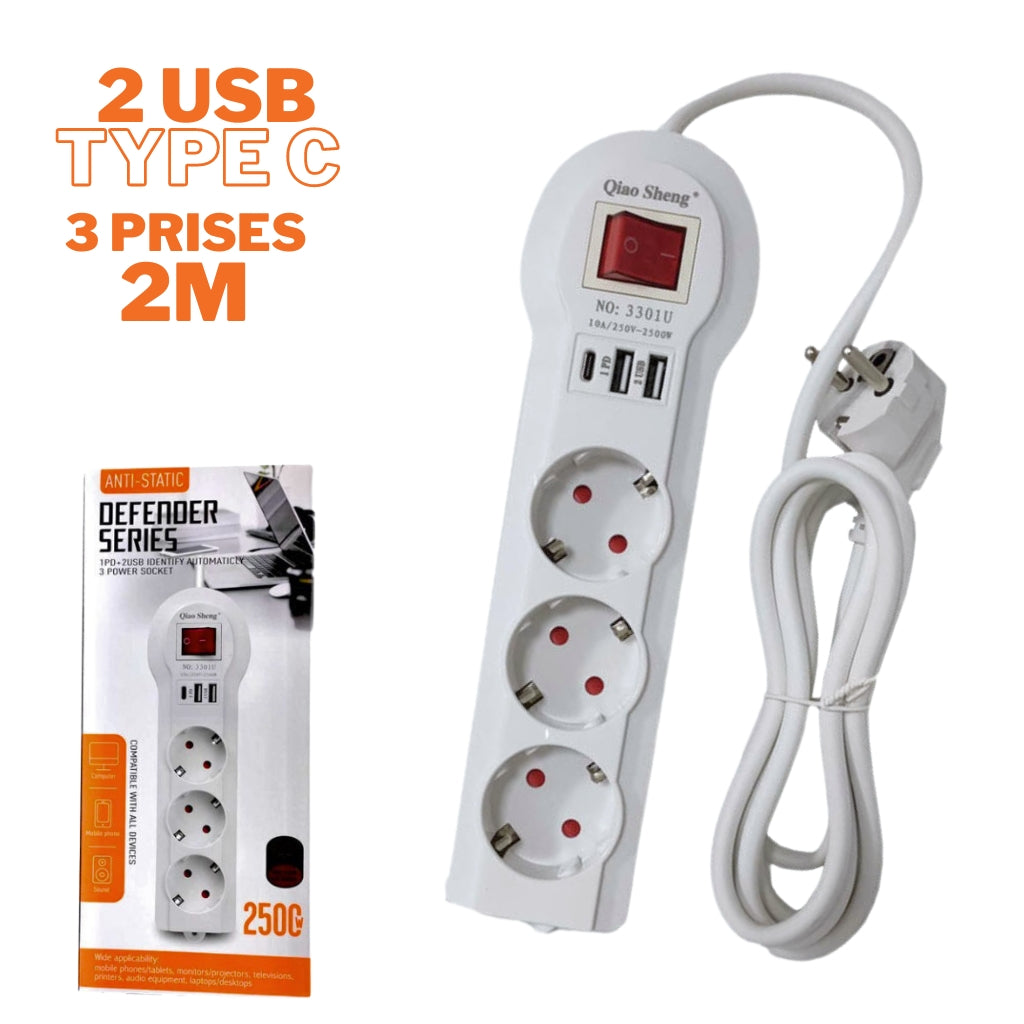 Multiprise 3 prises et Type C avec 2 USB 2 m Blanc 3301U
