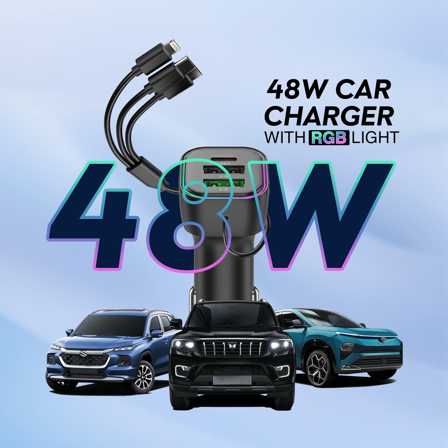 Chargeur de voiture à 3 ports avec câble de charge 3 en 1 intégré (Lightning/Type-C/Micro USB) - شاحن سيارة