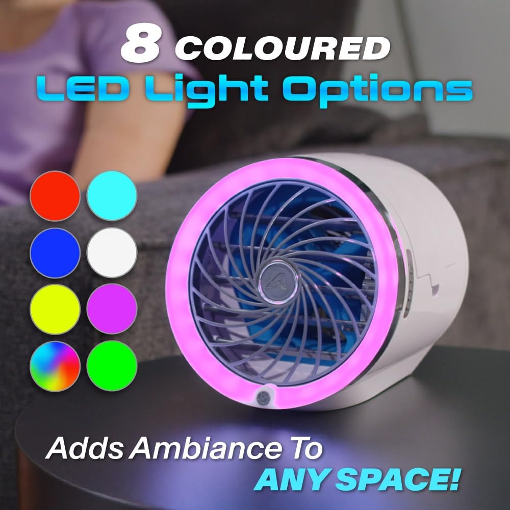 Mini Climatiseur Portable à Glace Technologie Jet Fan, 3 Vitesses et Éclairage LED - مبرد الهواء والثلج المدمج بـ 3 سرعات وإضاءة ملونة