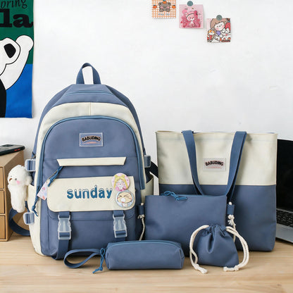 Sac à Dos Multifonctionnel Kawaii Grand Volume Imperméable et Résistant 5Pcs  - حقيبة ظهر بعدة قطع بتصميم كاوايي
