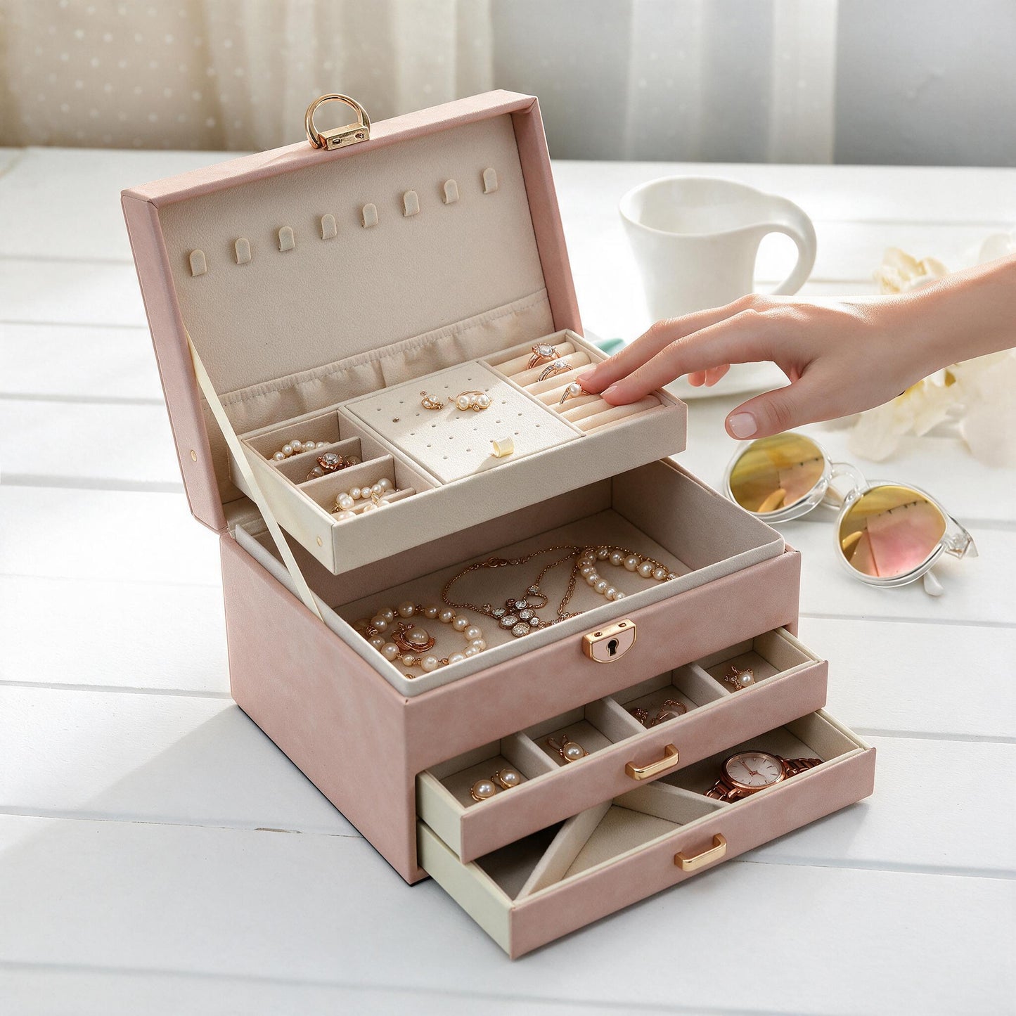 Boîte à Bijoux 3 Niveaux avec Serrure de Sécurité Doublure Velours Pour Bagues, Colliers et Bracelets - صندوق تنظيم وحفظ المجوهرات بثلاث طبقات
