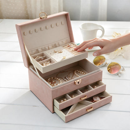 Boîte à Bijoux 3 Niveaux avec Serrure de Sécurité Doublure Velours Pour Bagues, Colliers et Bracelets - صندوق تنظيم وحفظ المجوهرات بثلاث طبقات