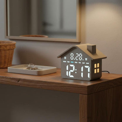 Horloge Réveil Numérique LED en Forme de Maison Double Alarme Veilleuse Douce GH8063 - ساعة منبه رقمية بتصميم منزل أنيق مع إضاءة ليلية وشاشة كاملة