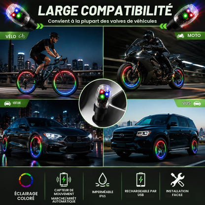 Lumières LED pour Valve de Pneu Étanche Capteur de Mouvement Auto Décoration et Sécurité - أضواء صمام العجلات المضيئة للسيارات والدراجات