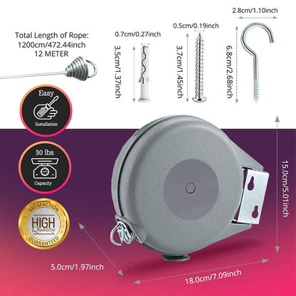 Corde à Linge Rétractable Automatique 15m Fixation Murale Supporte 10kg - حبل غسيل ملابس أوتوماتيكي قابل للسحب بطول 15 متراً