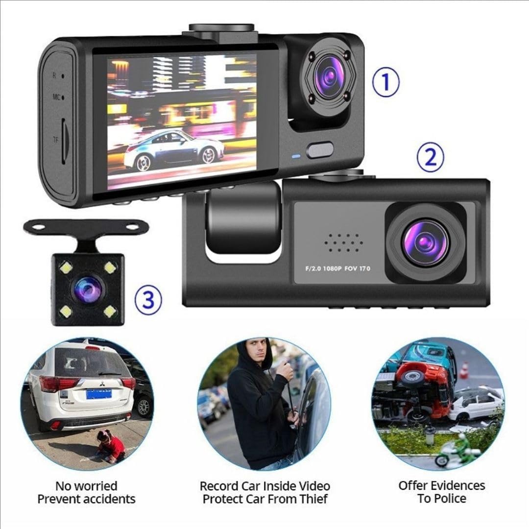 Black Box Caméra d'Aide au Stationnement et Dashcam Voiture 3 Canaux 1080P Full HD - كاميرا قيادة السيارات الثلاثية مع شاشة وزاوية عريضة 170 درجة