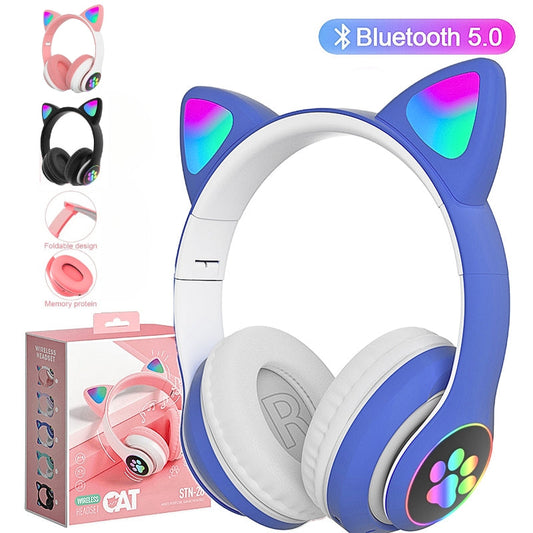 Casque stéréo Bluetooth sans fil oreilles de chat électroluminescents avec support carte TF