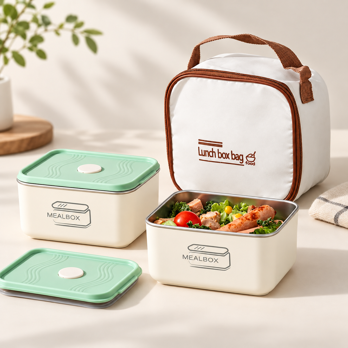 Ensemble Boîte à Lunch en Acier Inoxydable 2Pcs avec Sac Isotherme - طقم علب حفظ الطعام والوجبات من الاينوكس مع حقيبة حرارية عازلة