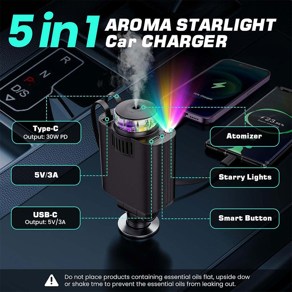 Starlight D1 Chargeur voiture rétractable 5 en 1 avec aromathérapie et lumière des étoiles - شاحن سريع للسيارة مع معطر
