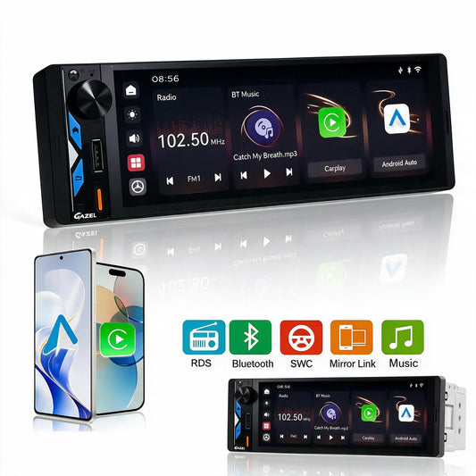Gazel Autoradio 1Din Écran Tactile 5" IPS - Apple CarPlay et Android Auto Sans Fil Charge Rapide Type-C - راديو سيارة ذكي بشاشة لمس 5 بوصة تدعم و