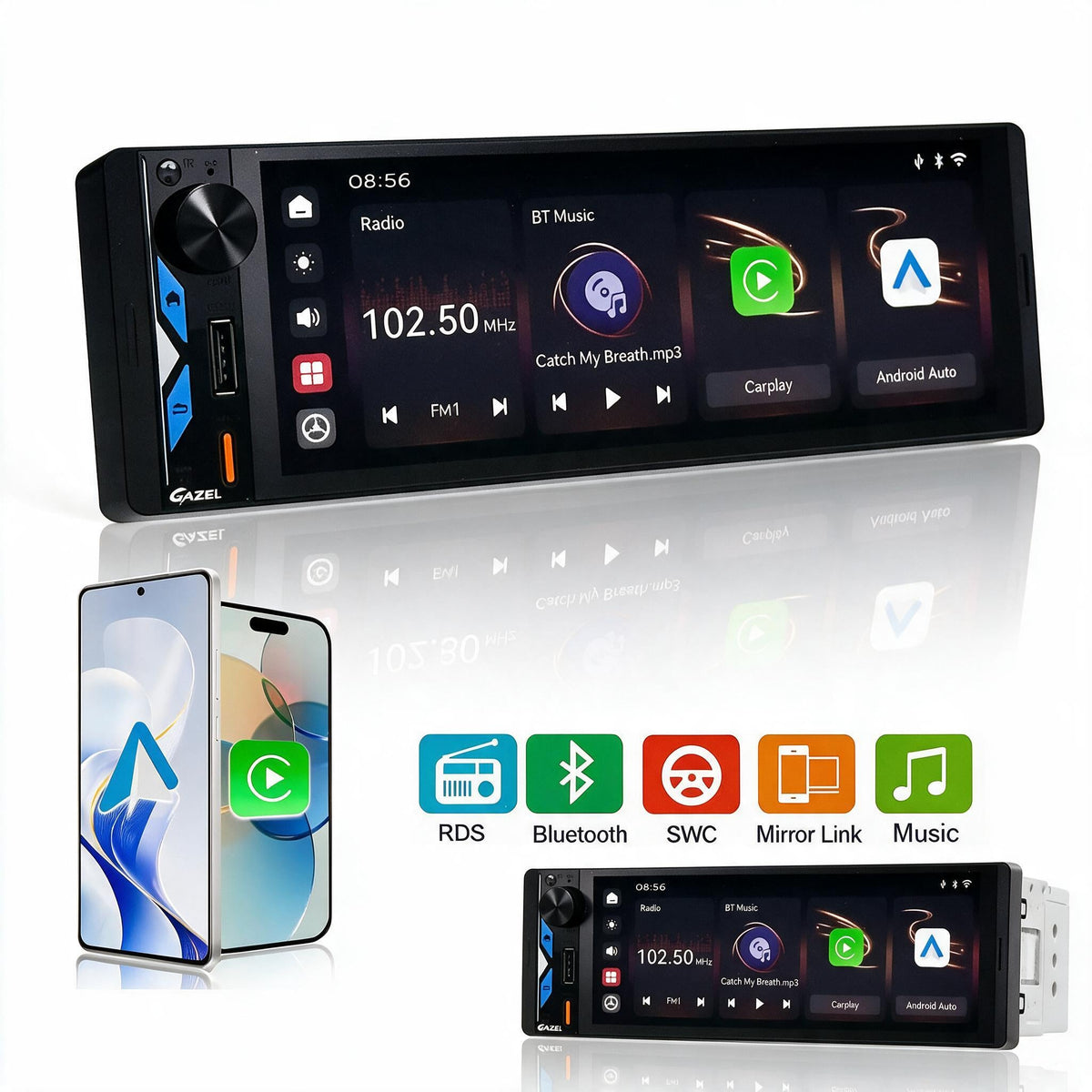 Gazel Autoradio 1Din Écran Tactile 5" IPS - Apple CarPlay et Android Auto Sans Fil Charge Rapide Type-C - راديو سيارة ذكي بشاشة لمس 5 بوصة تدعم و
