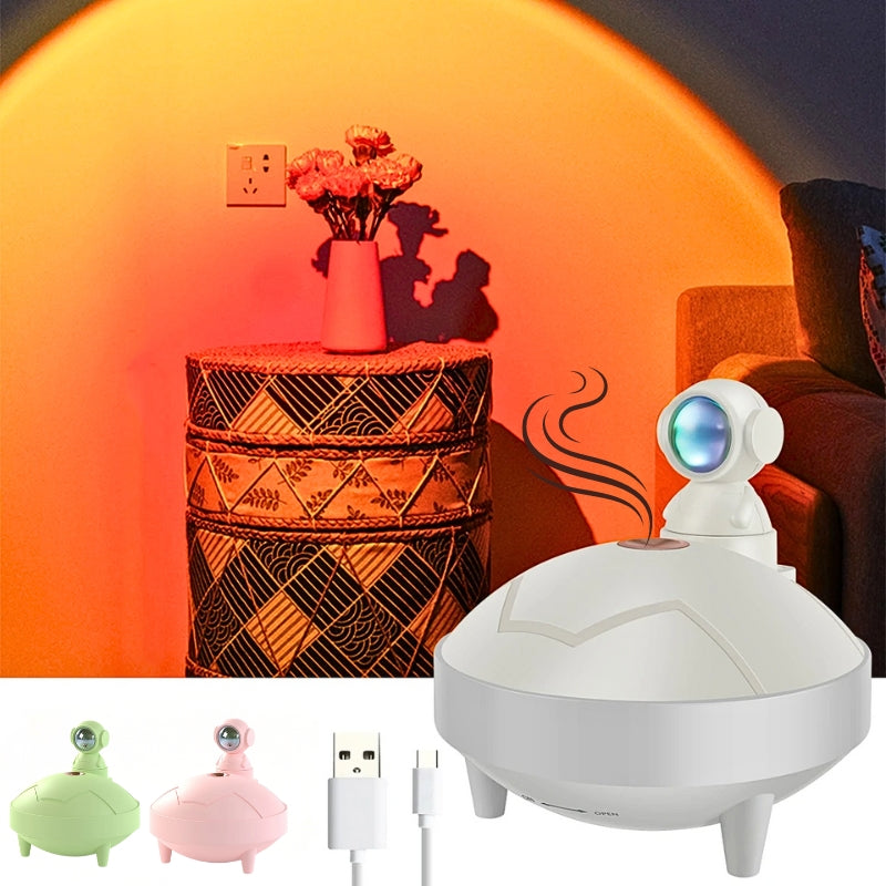 Lampe de coucher de soleil d'astronaute et humidificateur d'air sans fil, diffuseur à batterie Rechargeable1200mAh