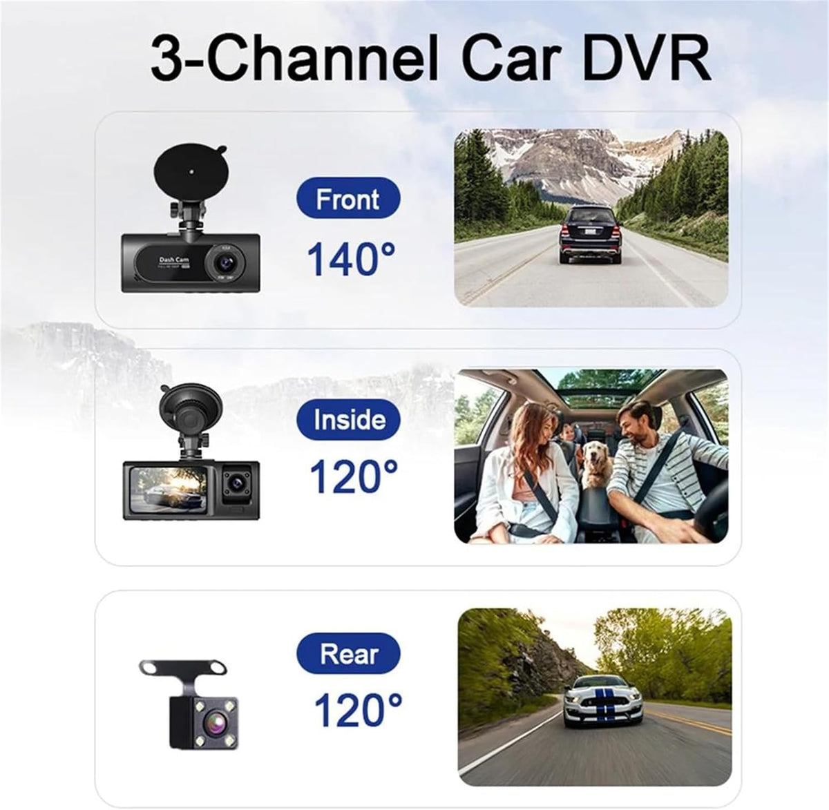Caméra de Tableau de Bord Triple 3 Canaux et Dashcam Grand Angle - كاميرا سيارة داش كام ثلاثية العدسات للمراقبة الشاملة