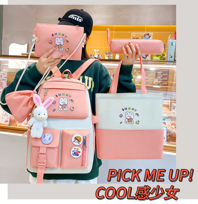 Sac à Dos Multifonctionnel Kawaii Grand Volume Imperméable et Résistant 5Pcs Rose SACKDS15RS - حقيبة ظهر بعدة قطع بتصميم كاوايي
