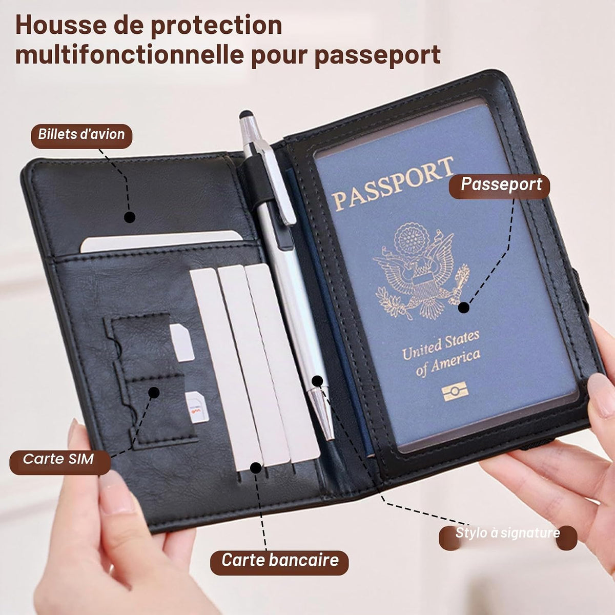 Porte-Passeport de Voyage en Cuir PU avec Protection RFID - محفظة جواز سفر جلدية متعددة الجيوب