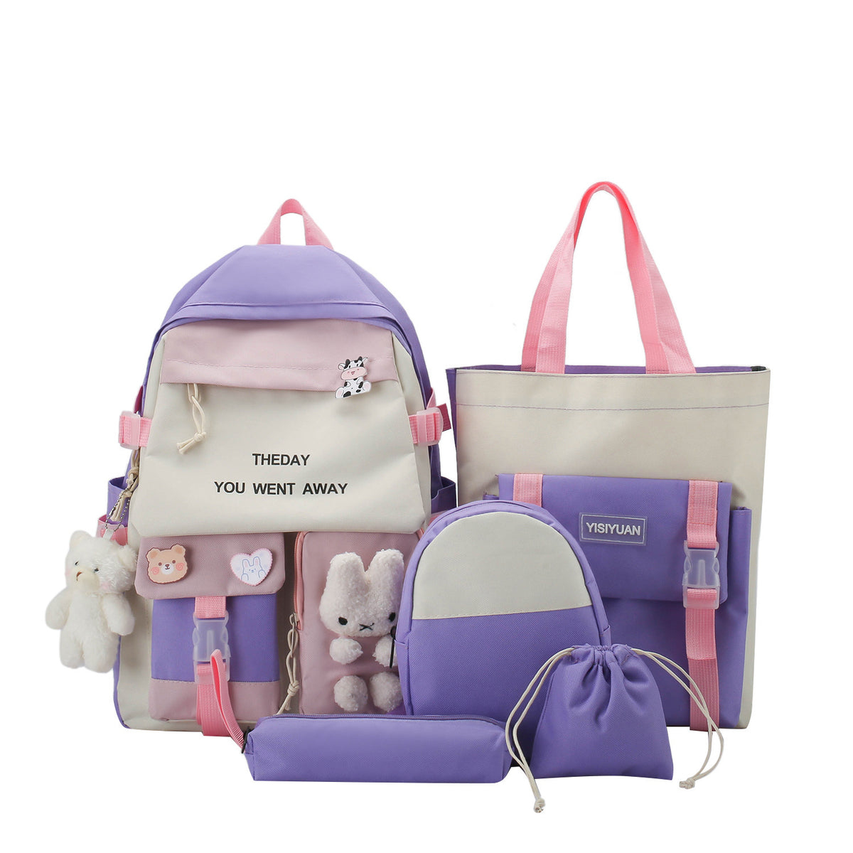 Sac à Dos Multifonctionnel Kawaii Grand Volume Imperméable et Résistant 5Pcs Mauve SACKDS25MV - حقيبة ظهر بعدة قطع بتصميم كاوايي