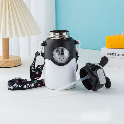 Bouteille Thermos en Acier Inoxydable 500 ml avec Paille, Motif Lapin pour Enfants