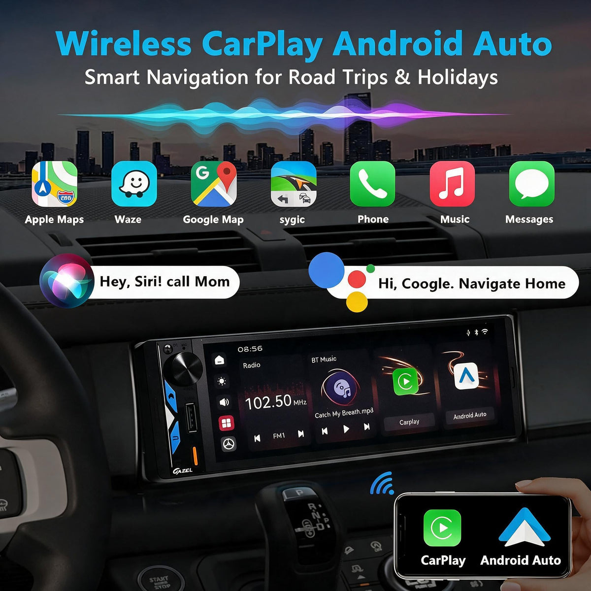 Gazel Autoradio 1Din Écran Tactile 5" IPS - Apple CarPlay et Android Auto Sans Fil Charge Rapide Type-C - راديو سيارة ذكي بشاشة لمس 5 بوصة تدعم و