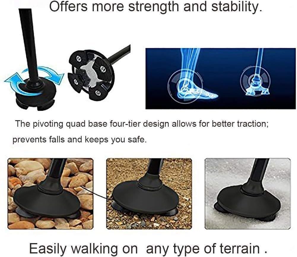 Canne de Marche Pliable avec Lampe LED Base Pivotante Quadruple Hauteur Réglable - عصا المشي القابلة للطي المزودة بإضاءة وقاعدة رباعية ثنائية التوازن