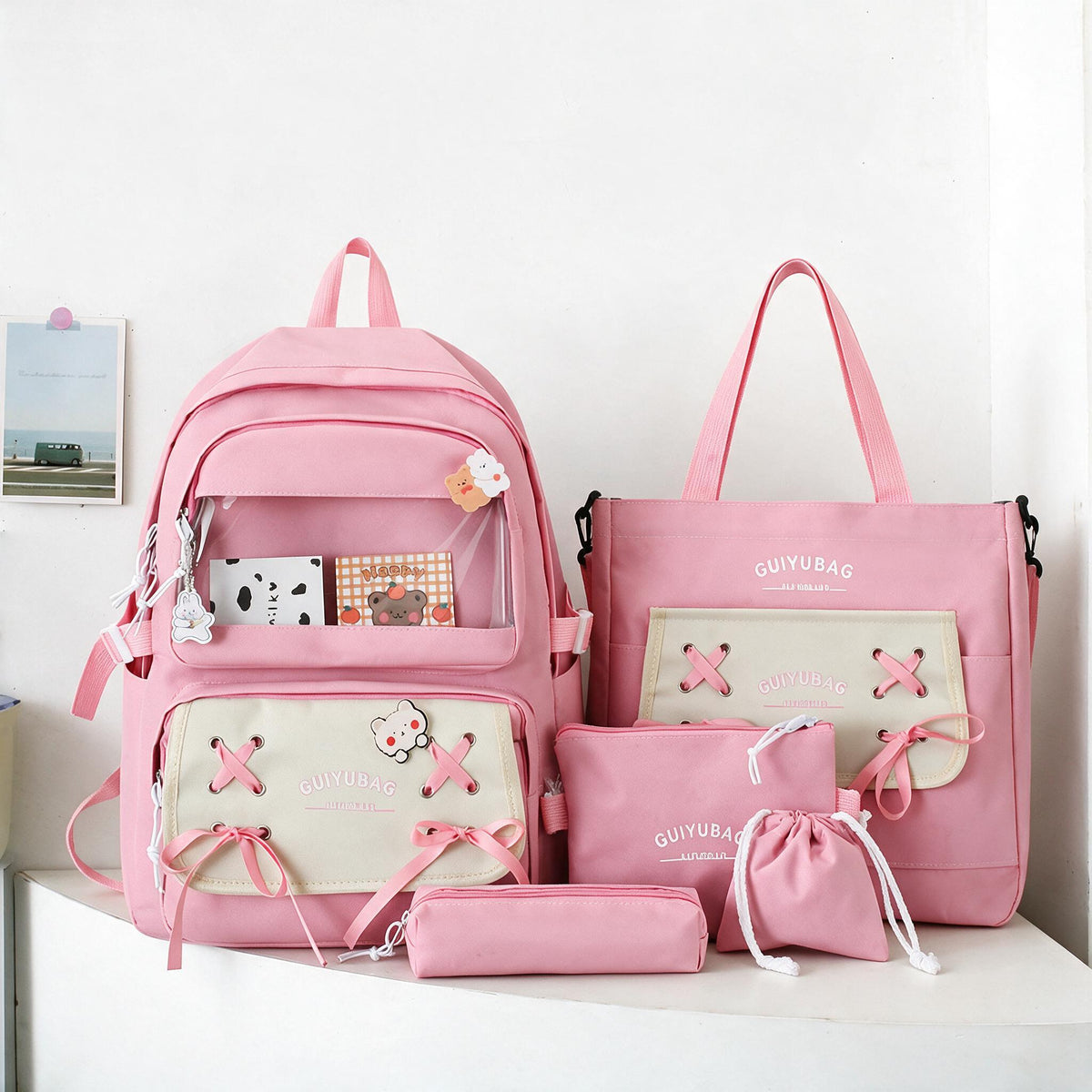 Sac à Dos Multifonctionnel Kawaii Grand Volume Imperméable et Résistant 5Pcs Rose SACKDS11RS - حقيبة ظهر بعدة قطع بتصميم كاوايي