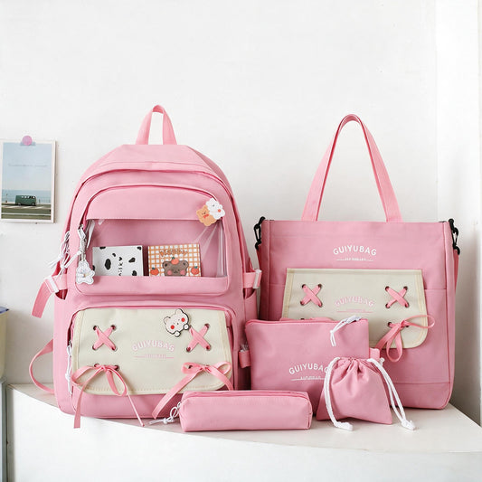 Sac à Dos Multifonctionnel Kawaii Grand Volume Imperméable et Résistant 5Pcs Rose SACKDS11RS - حقيبة ظهر بعدة قطع بتصميم كاوايي