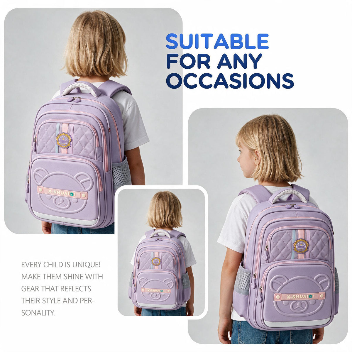 Sac à Dos Scolaire Style Kawaii Grand Volume Tissu Imperméable Mauve SACKDS18MV - حقيبة مدرسية بتصميم كاوايي