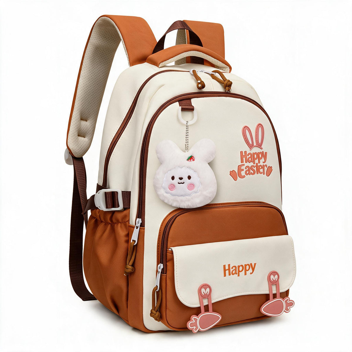 Sac à Dos Scolaire Motif Lapin Happy Easter Ergonomique Tissu Imperméable Orange SACKDS31ORG - حقيبة ظهر مدرسية وعصرية بتصميم الأرنب اللطيف