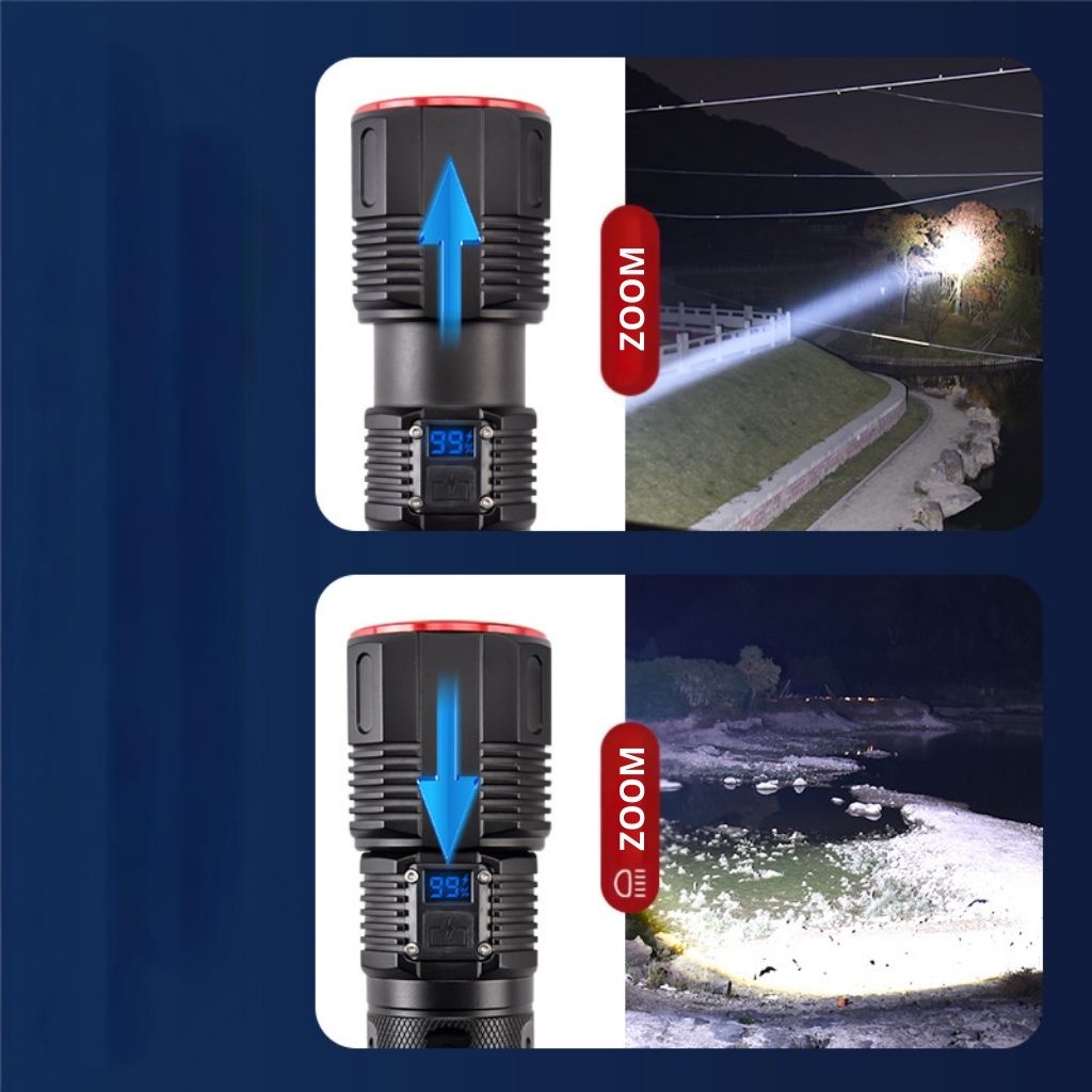 Lampe Torche 100W avec Batterie Lithium 18650*3 Portée de 1 à 1,5 km, mise au point réglable – مصباح يدوي عالي الطاقة مع بطارية ليثيوم