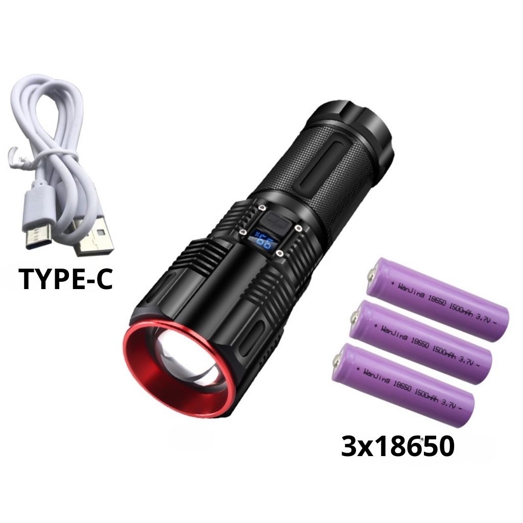 Lampe Torche 100W avec Batterie Lithium 18650*3 Portée de 1 à 1,5 km, mise au point réglable – مصباح يدوي عالي الطاقة مع بطارية ليثيوم