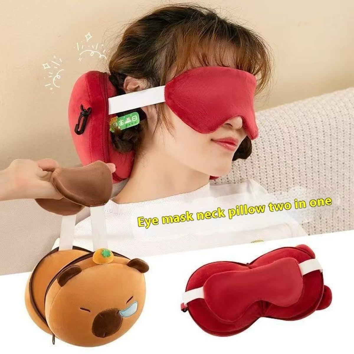 Kit de Voyage Confort 2en1 Oreiller Cervical en Mousse à Mémoire de Forme et Masque de Nuit Peluche - طقم السفر المريح وسادة رقبة ميموري فوم مع قناع