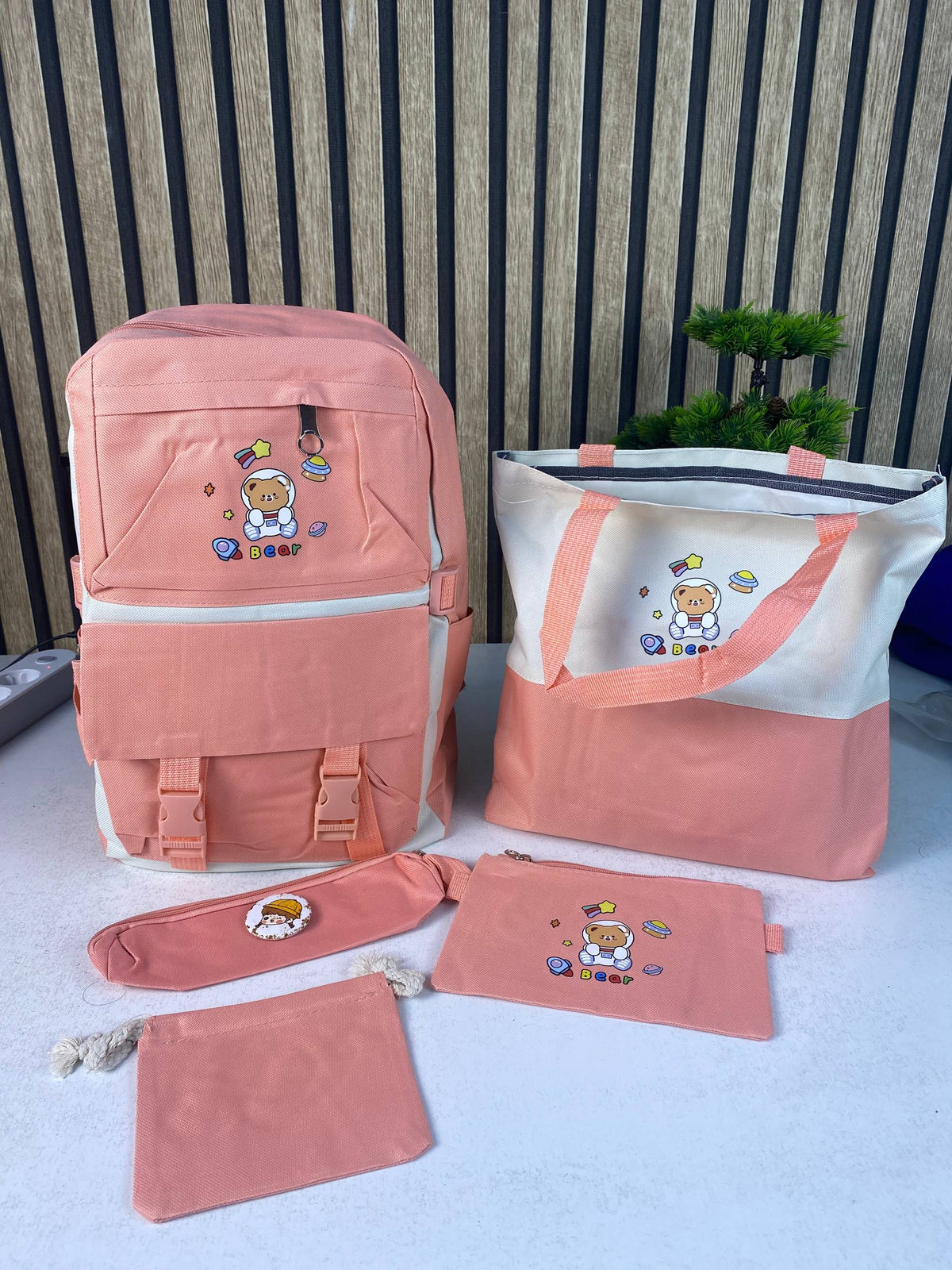 Sac à Dos Multifonctionnel Kawaii Grand Volume Imperméable et Résistant 5Pcs Rose SACKDS15RS - حقيبة ظهر بعدة قطع بتصميم كاوايي